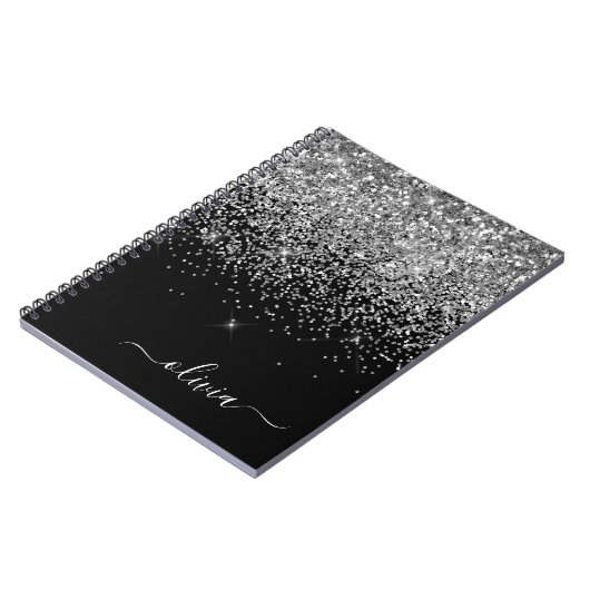 Silver Black Glitter Script Monogram Girly Name Notitieboek (Linkerzijde)
