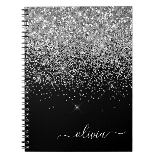 Silver Black Glitter Script Monogram Girly Name Notitieboek (Voorkant)