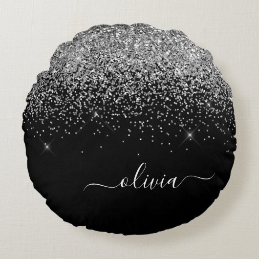 Silver Black Glitter Script Monogram Girly Name Rond Kussen (Voorkant)