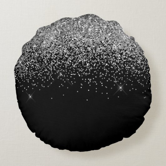 Silver Black Glitter Script Monogram Girly Name Rond Kussen (Achterkant)