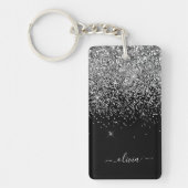 Silver Black Glitter Script Monogram Girly Name Sleutelhanger (Voorkant)