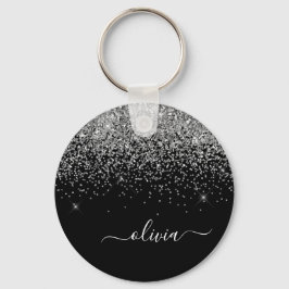 Silver Black Glitter Script Monogram Girly Name Sleutelhanger