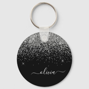 Silver Black Glitter Script Monogram Girly Name Sleutelhanger