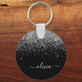 Silver Black Glitter Script Monogram Girly Name Sleutelhanger (Voorkant)