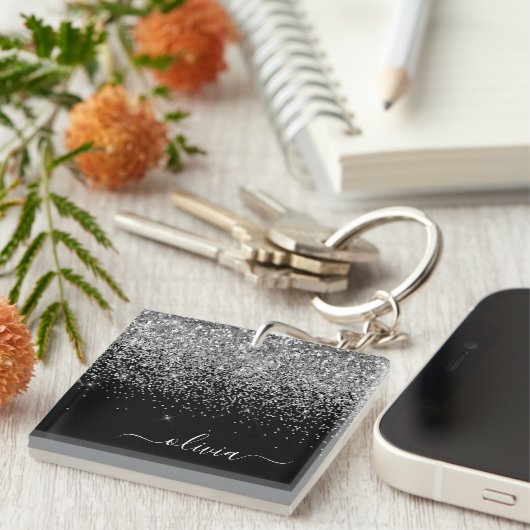Silver Black Glitter Script Monogram Girly Name Sleutelhanger (Voorkant Rechts)