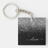 Silver Black Glitter Script Monogram Girly Name Sleutelhanger (voorkant)