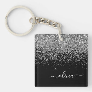Silver Black Glitter Script Monogram Girly Name Sleutelhanger