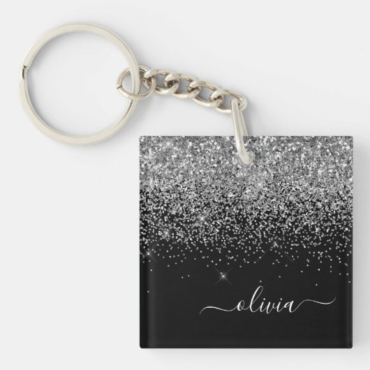 Silver Black Glitter Script Monogram Girly Name Sleutelhanger (voorkant)