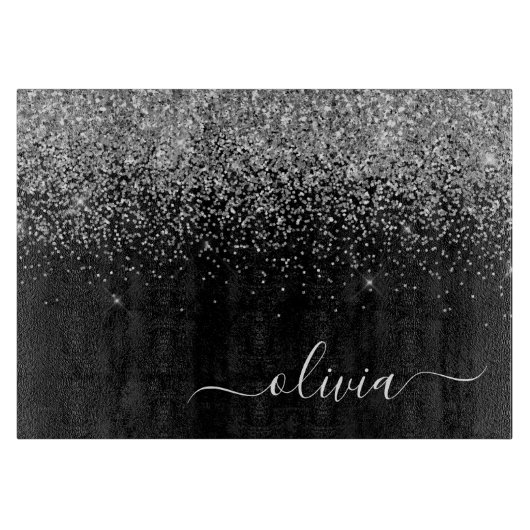 Silver Black Glitter Script Monogram Girly Name Snijplank (Voorkant)