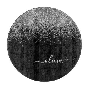 Silver Black Glitter Script Monogram Girly Name Snijplank