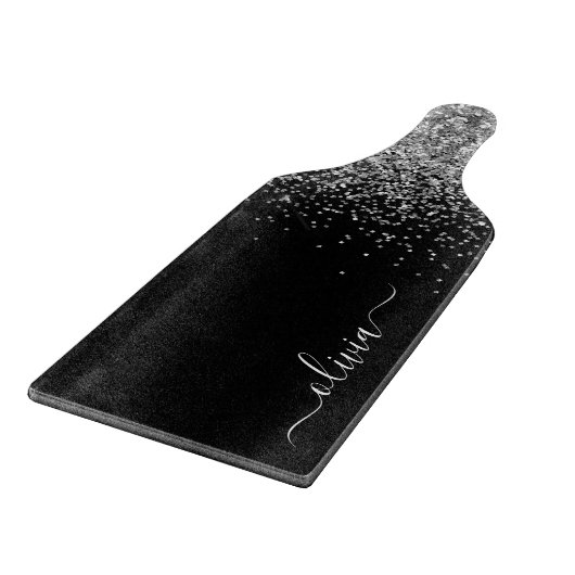 Silver Black Glitter Script Monogram Girly Name Snijplank (Hoek)