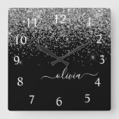Silver Black Glitter Script Monogram Girly Name Vierkante Klok (Voorkant)