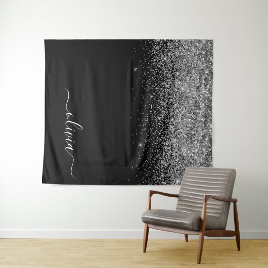 Silver Black Glitter Script Monogram Girly Name Wandkleed (In Situ (horizontaal))