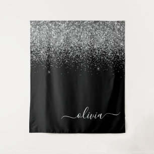 Silver Black Glitter Script Monogram Girly Name Wandkleed