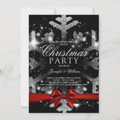 Silver Black Glitter Snowflake & Ribbon Xmas Party Kaart (Voorkant)