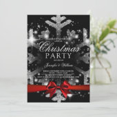 Silver Black Glitter Snowflake & Ribbon Xmas Party Kaart (Staand voorkant)