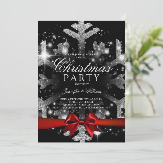 Silver Black Glitter Snowflake & Ribbon Xmas Party Kaart (Staand voorkant)