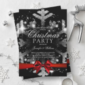 Silver Black Glitter Snowflake & Ribbon Xmas Party Kaart