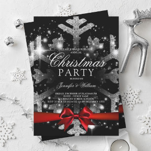 Silver Black Glitter Snowflake & Ribbon Xmas Party Kaart