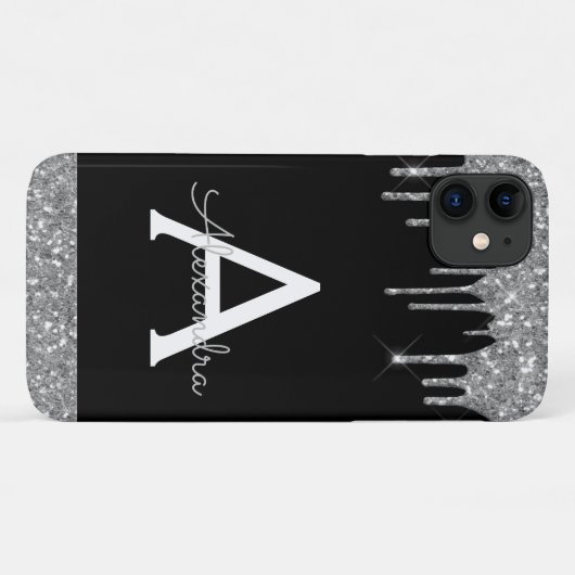 Silver Black Glitter Sparkle Elegant Monogram Case-Mate iPhone Case (Achterkant (horizontaal))