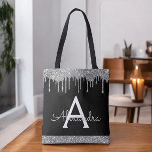 Silver Black Glitter Sparkle Elegant Monogram Tote Bag