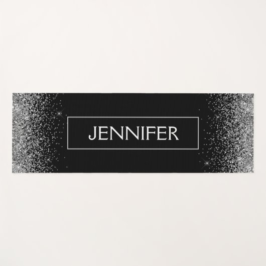 Silver Black Glitter Sparkle Monogram Naam Yogamat (Voorkant (horizontaal))