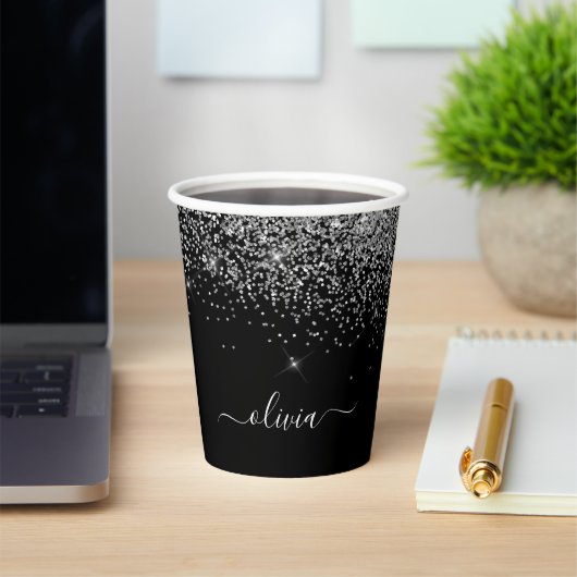 Silver Black Glitter Sparkle Monogram Paper Cups Papieren Bekers (Insitu)