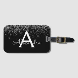 Silver Black Glitter & Sparkle Monogram Reizen Bagagelabel