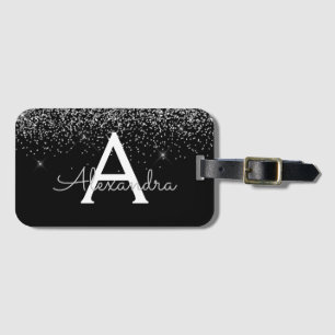 Silver Black Glitter & Sparkle Monogram Reizen Bagagelabel