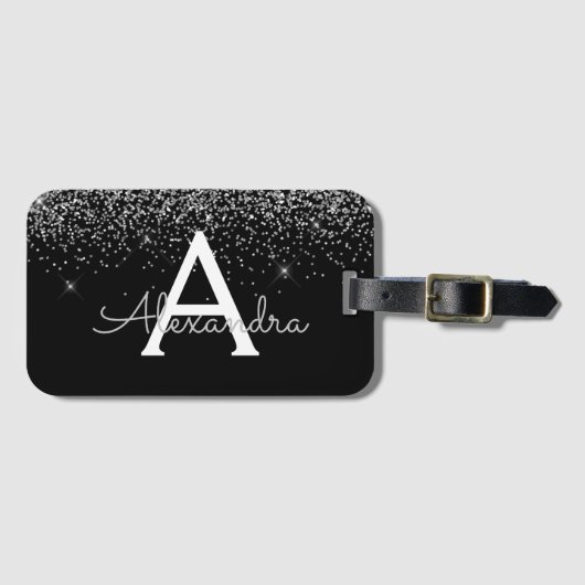 Silver Black Glitter & Sparkle Monogram Reizen Bagagelabel (Voorkant (horizontaal))