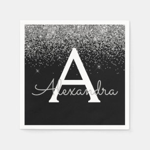 Silver Black Glitter & Sparkle Monogram Verjaardag Servet