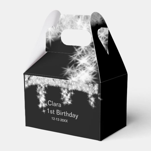 Silver Black glitter voegt naam verjaardagsjaar t  Bedankdoosjes (Achterkant)