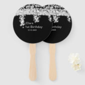 Silver Black glitter voegt naam verjaardagsjaar t  Handwaaier (Voorkant en achterkant)
