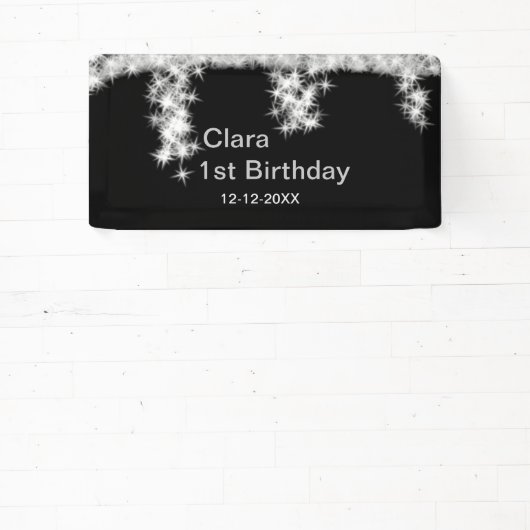 Silver Black glitter voegt naam verjaardagsjaar t Spandoek (Insitu)