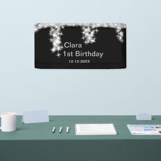 Silver Black glitter voegt naam verjaardagsjaar t  Spandoek (Beurs)