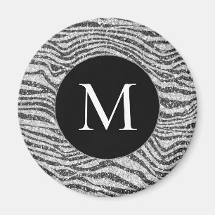 Silver Black Glitz Zebra Glitter Monogram Magneet