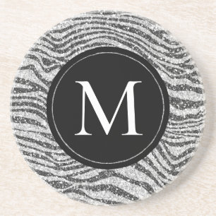 Silver Black Glitz Zebra Glitter Monogram Zandsteen Onderzetter