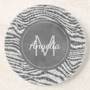 Silver Black Glitzy Zebra Glitter Monogram Zandsteen Onderzetter