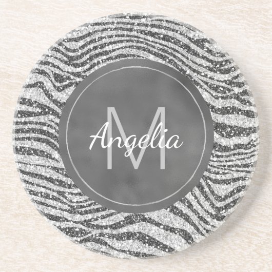 Silver Black Glitzy Zebra Glitter Monogram Zandsteen Onderzetter (Voorkant)
