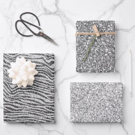 Silver Black Glitzy Zebra Print Glitter Inpakpapier Vel (Voorkant)