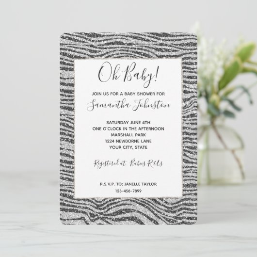 Silver Black Glitzy Zebra Print Glitter Kaart (Staand voorkant)