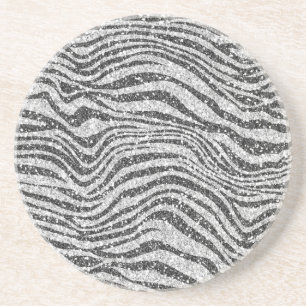 Silver Black Glitzy Zebra Print Glitter Zandsteen Onderzetter