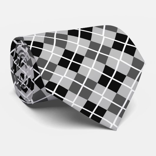 Silver, Black, Grey en White Argyle Print Necktie Stropdas (Opgerold)