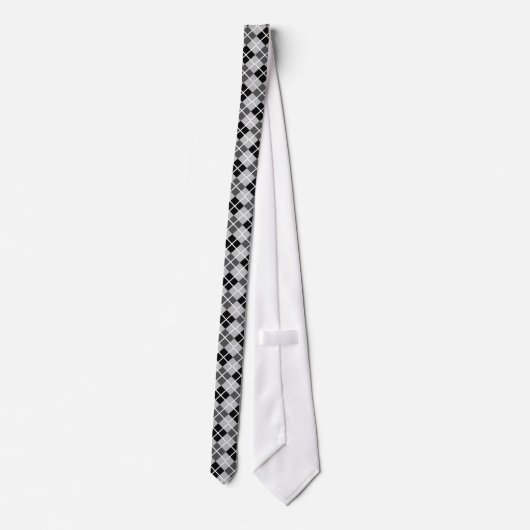 Silver, Black, Grey en White Argyle Print Necktie Stropdas (Achterkant)