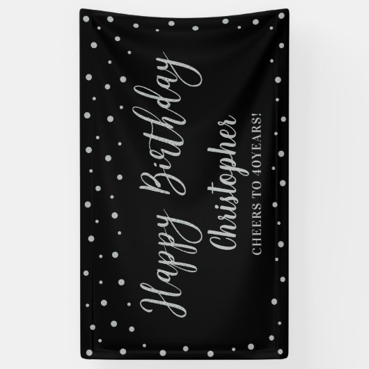 Silver & Black Happy Birthday Party-banner Spandoek (Verticaal)