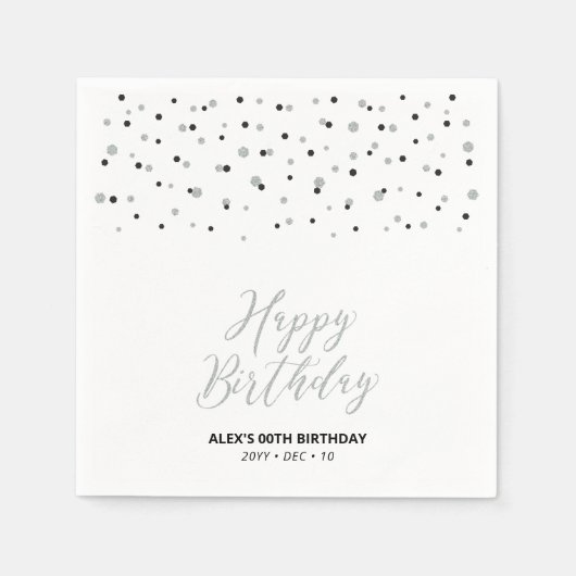 Silver & Black Hexagon Confetti Happy Birthday Servet (Voorkant)