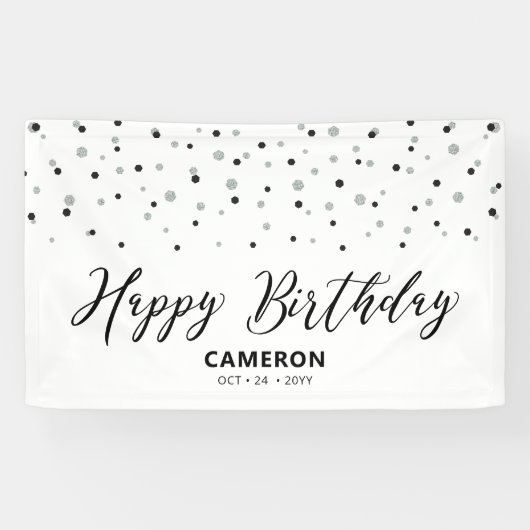 Silver & Black Hexagon Confetti Happy Birthday Spandoek (Horizontaal)