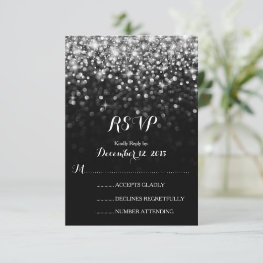 Silver Black Hollywood Glitz Glam Wedding RSVP Kaartje (Staand voorkant)