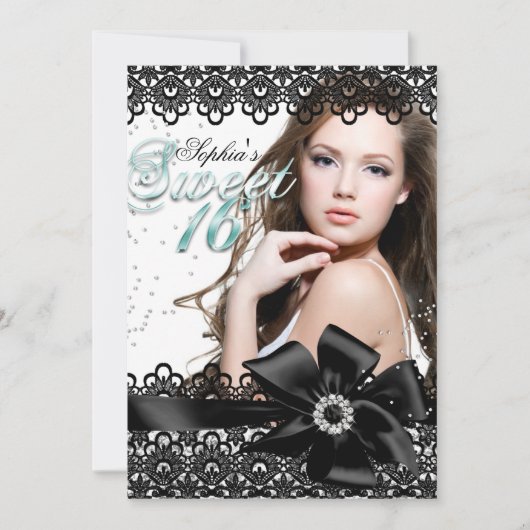 Silver Black Jade Lace Photo Sweet 16 Invite Kaart (Voorkant)