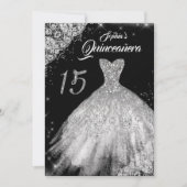 Silver Black Lace Diamond Sparkle Gown Quinceanera Kaart (Voorkant)